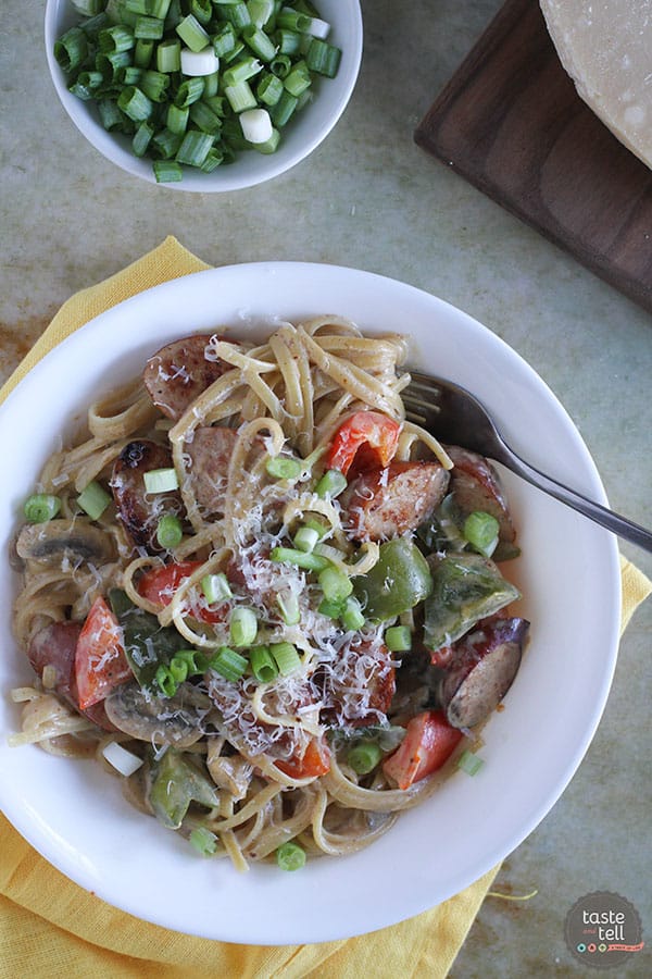 You’ll never know that this Lighter Cajun Sausage Pasta has less calories than most creamy pastas! A secret ingredient helps to make this dish lighter, yet it is still creamy and full of flavor.