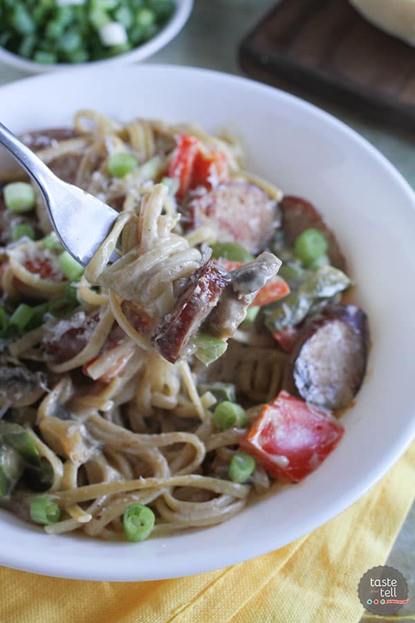 You’ll never know that this Lighter Cajun Sausage Pasta has less calories than most creamy pastas! A secret ingredient helps to make this dish lighter, yet it is still creamy and full of flavor.