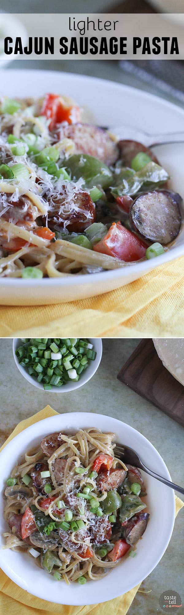 You’ll never know that this Lighter Cajun Sausage Pasta has less calories than most creamy pastas! A secret ingredient helps to make this dish lighter, yet it is still creamy and full of flavor.