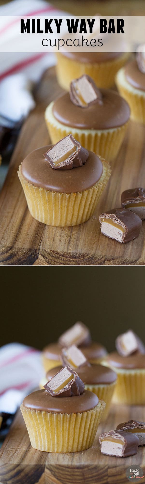 A frosting made from candy bars! These simple yellow cupcakes are topped with a sweet and smooth Milky Way Bar frosting. Candy bar lovers will love these Milky Way Bar Cupcakes!