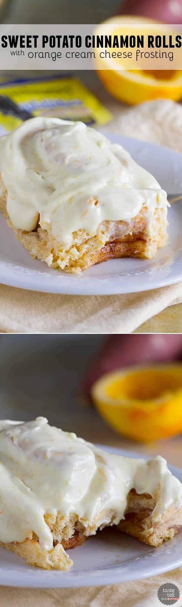 Mashed sweet potatoes make these rolls super tender and soft and the orange cream cheese glaze takes these Sweet Potato Cinnamon Rolls with Orange Cream Cheese Frosting to a new level!