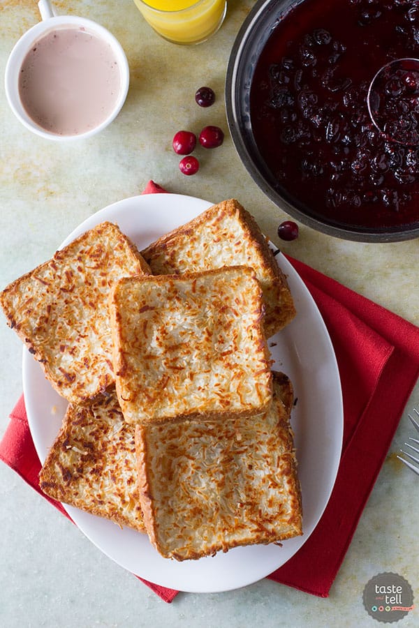 Fancy enough for a holiday, but easy enough for a weekday breakfast, this Coconut Crusted Oven Baked French Toast with Cranberry Syrup is not only stunning, but dairy and egg free as well!