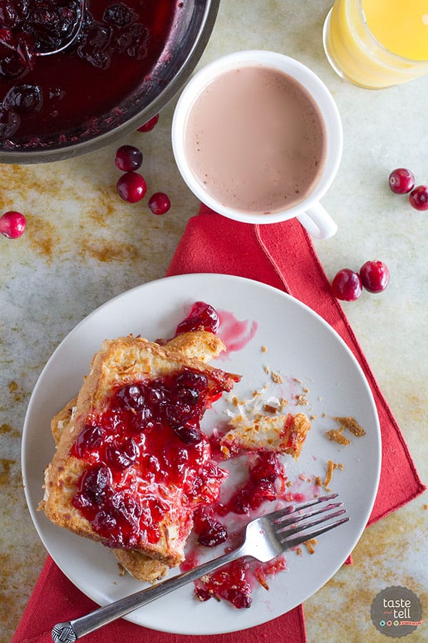 Fancy enough for a holiday, but easy enough for a weekday breakfast, this Coconut Crusted Oven Baked French Toast with Cranberry Syrup is not only stunning, but dairy and egg free as well!