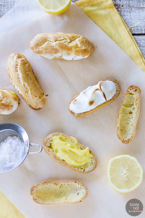 Lemon meringue lovers will go crazy for these Lemon Meringue Eclairs - pate a choux eclair shells filled with lemon curd and then topped with toasted meringue.