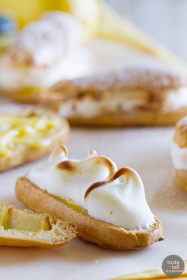 Lemon meringue lovers will go crazy for these Lemon Meringue Eclairs - pate a choux eclair shells filled with lemon curd and then topped with toasted meringue.