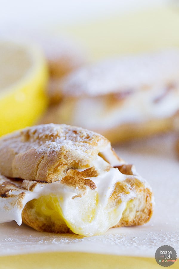 Lemon meringue lovers will go crazy for these Lemon Meringue Eclairs - pate a choux eclair shells filled with lemon curd and then topped with toasted meringue.