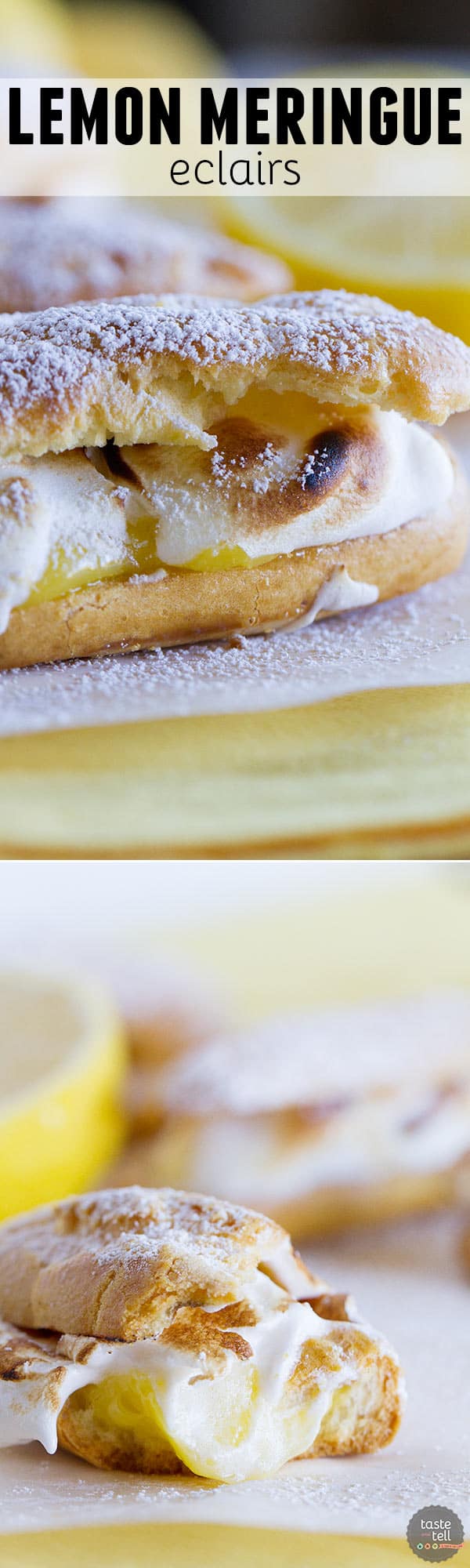 Lemon meringue lovers will go crazy for these Lemon Meringue Eclairs - pate a choux eclair shells filled with lemon curd and then topped with toasted meringue.