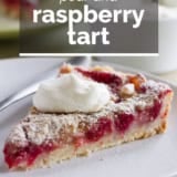 Pear and Raspberry Tart with text overlay.
