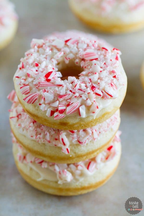 The perfect holiday treat, these Baked Peppermint Donuts are not only topped with crushed candy canes, but the donuts are lightly flavored with peppermint.