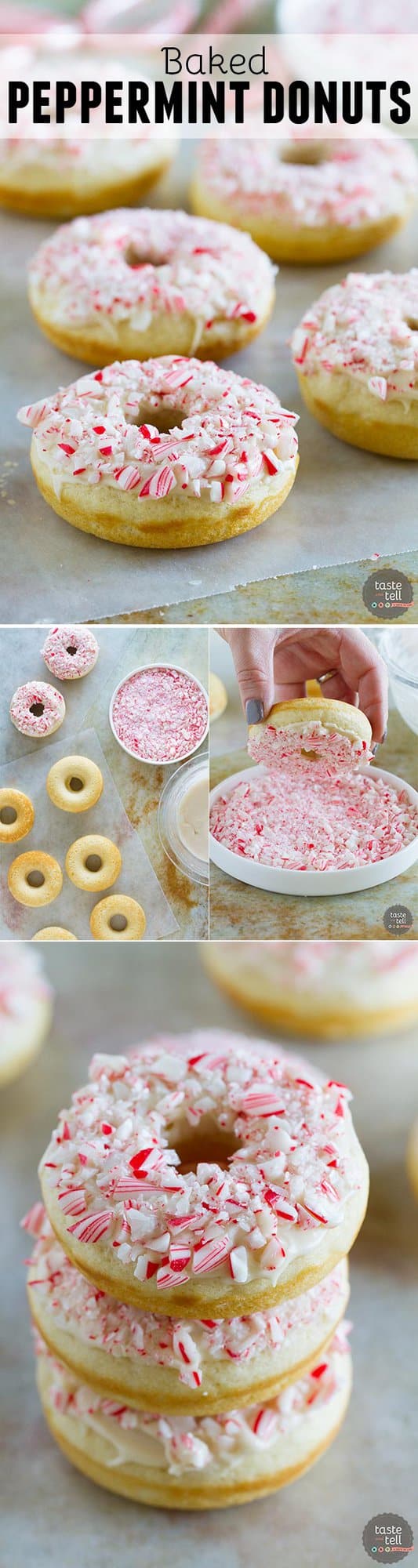 The perfect holiday treat, these Baked Peppermint Donuts are not only topped with crushed candy canes, but the donuts are lightly flavored with peppermint. 