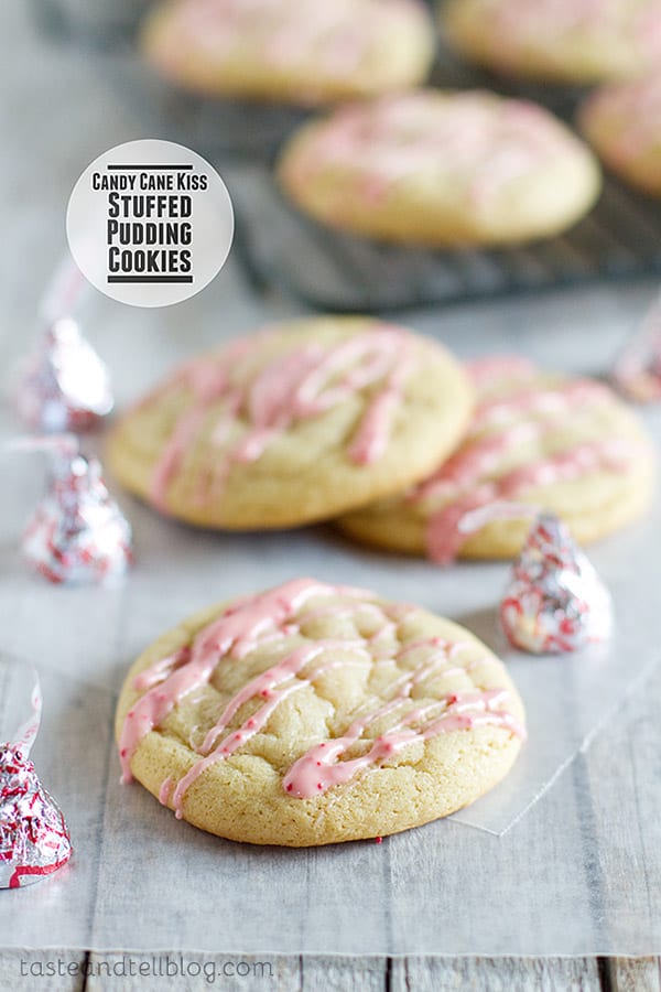 Super soft peppermint cookies hold another peppermint surprise in the center in these Candy Cane Kiss Stuffed Pudding Cookies.