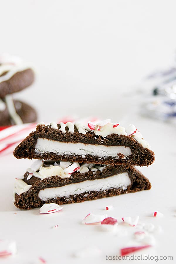 This one is for the peppermint lover! A peppermint patty hides inside a soft chocolate cookie. Drizzled with white chocolate and crushed candy, these Double Chocolate Peppermint Surprise Cookies are dressed up for the holidays!