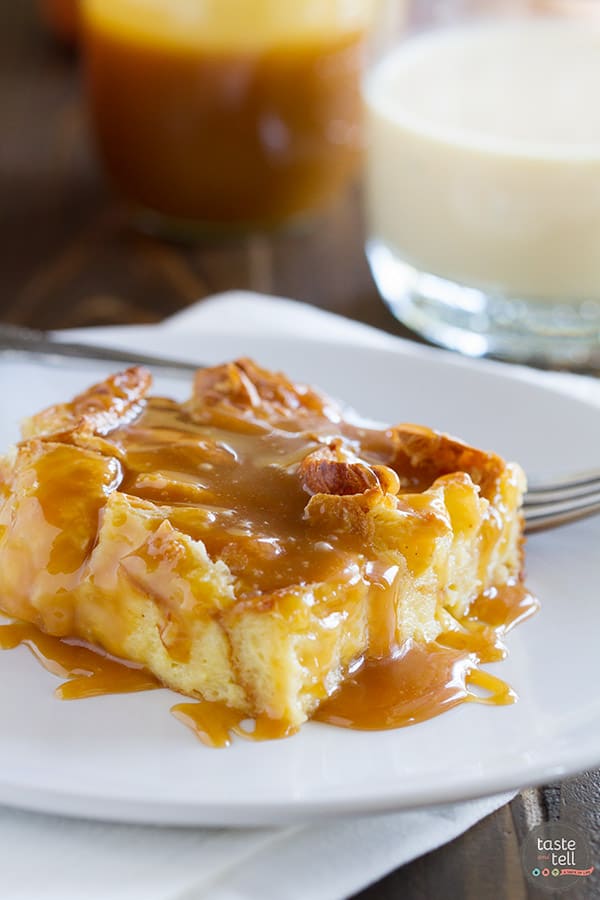 Transform your eggnog into this Eggnog Croissant Bread Pudding with Caramel Eggnog Syrup. Great for a decadent breakfast, or as a special dessert, this bread pudding is melt in your mouth delicious!