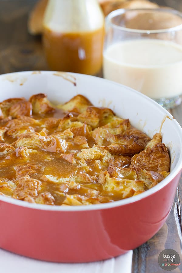 Transform your eggnog into this Eggnog Croissant Bread Pudding with Caramel Eggnog Syrup. Great for a decadent breakfast, or as a special dessert, this bread pudding is melt in your mouth delicious!