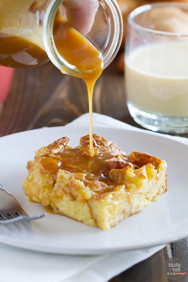 Transform your eggnog into this Eggnog Croissant Bread Pudding with Caramel Eggnog Syrup. Great for a decadent breakfast, or as a special dessert, this bread pudding is melt in your mouth delicious!