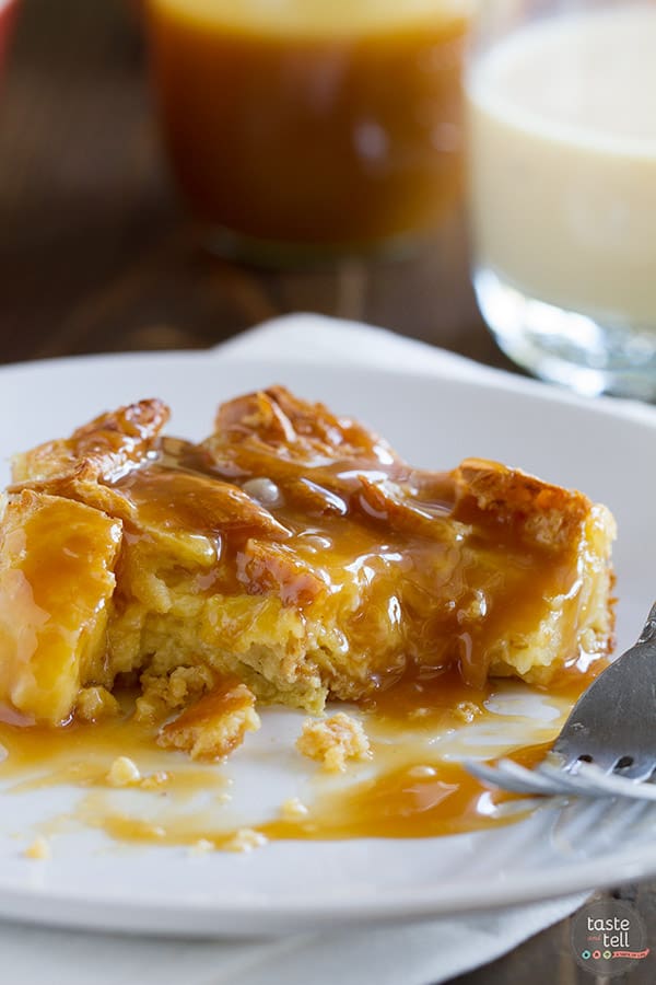 Transform your eggnog into this Eggnog Croissant Bread Pudding with Caramel Eggnog Syrup. Great for a decadent breakfast, or as a special dessert, this bread pudding is melt in your mouth delicious!