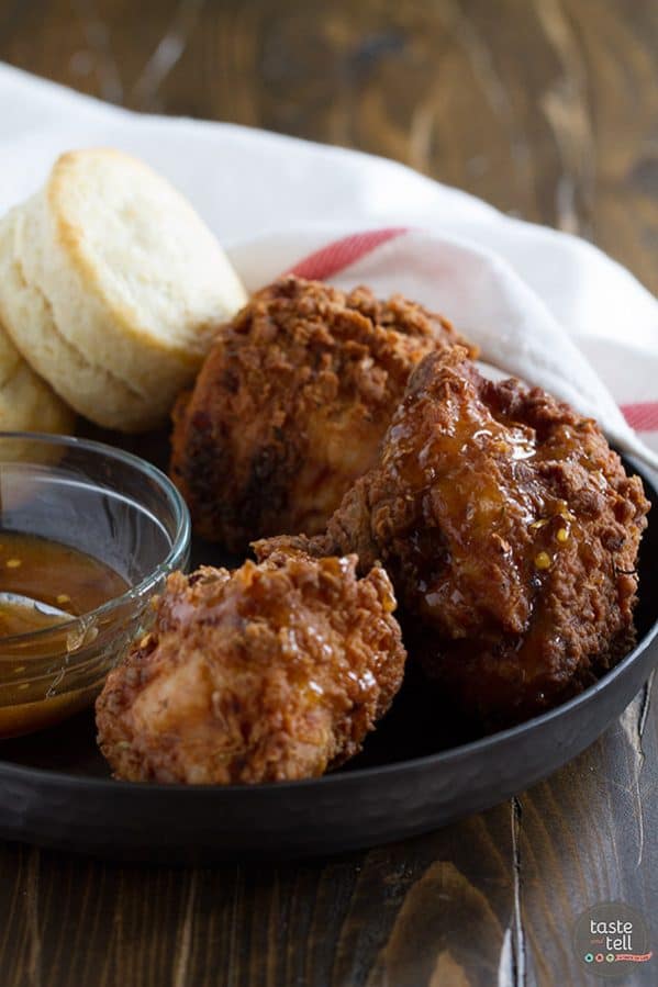 Get ready to have your mind blown - this Honey Fried Chicken with Hot Honey Sauce and Biscuits just may be the moistest, most delicious fried chicken recipe you’ve ever had. Served up with buttermilk biscuits and a sweet and spice Hot Honey Sauce, this is one recipe that is sure to impress.