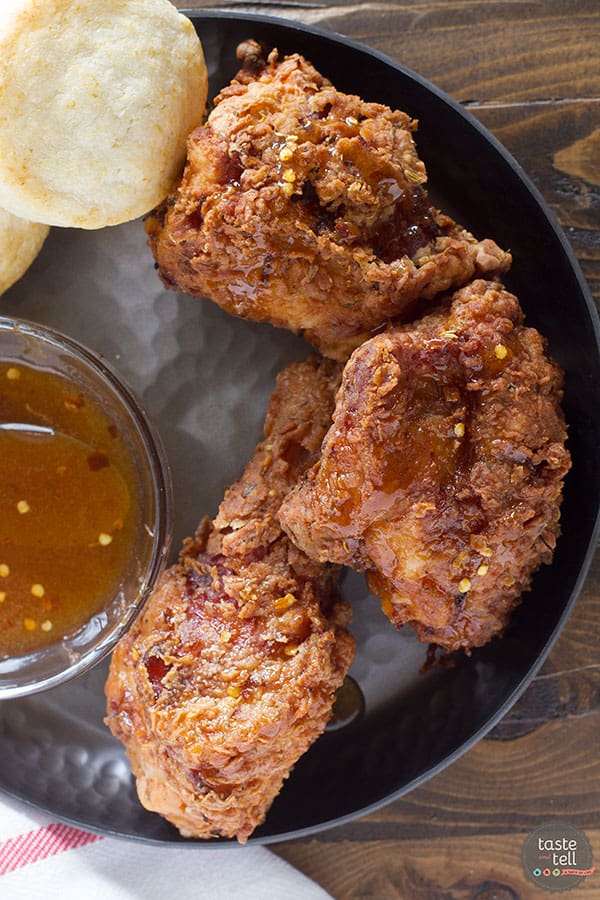 Get ready to have your mind blown - this Honey Fried Chicken with Hot Honey Sauce and Biscuits just may be the moistest, most delicious fried chicken recipe you’ve ever had. Served up with buttermilk biscuits and a sweet and spice Hot Honey Sauce, this is one recipe that is sure to impress.