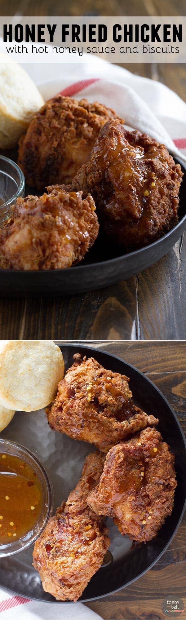 Get ready to have your mind blown - this Honey Fried Chicken with Hot Honey Sauce and Biscuits just may be the moistest, most delicious fried chicken recipe you’ve ever had. Served up with buttermilk biscuits and a sweet and spice Hot Honey Sauce, this is one recipe that is sure to impress.