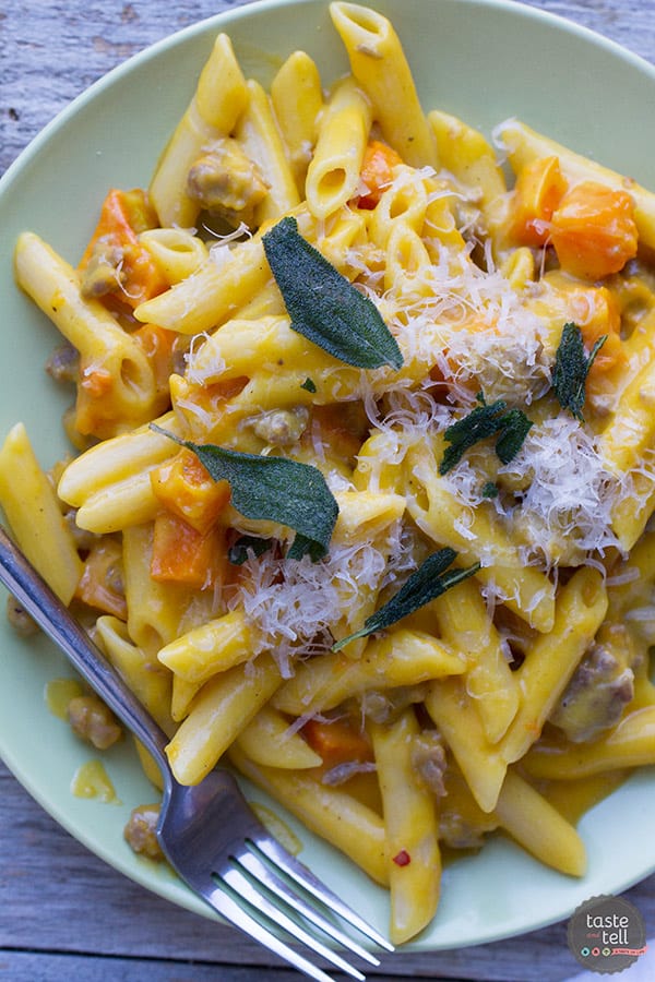 Nothing feels more comforting than this Penne with Butternut Squash and Sausage - with a double dose of butternut squash in both the pasta sauce and then topped with roasted squash.