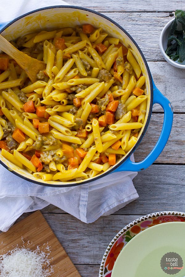Nothing feels more comforting than this Penne with Butternut Squash and Sausage - with a double dose of butternut squash in both the pasta sauce and then topped with roasted squash.