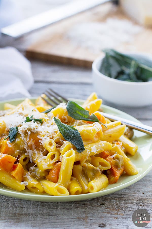 Nothing feels more comforting than this Penne with Butternut Squash and Sausage - with a double dose of butternut squash in both the pasta sauce and then topped with roasted squash.