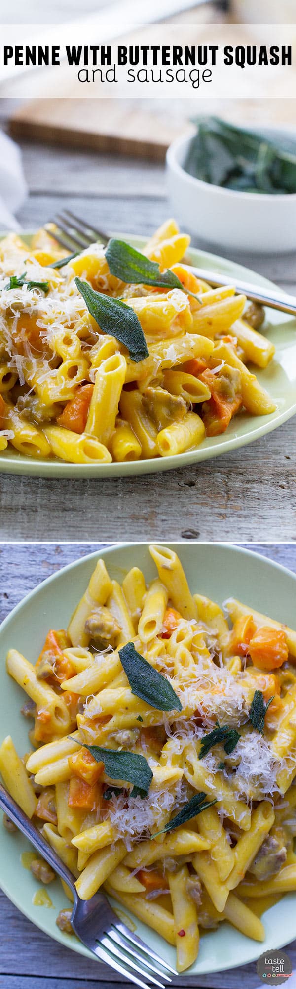 Nothing feels more comforting than this Penne with Butternut Squash and Sausage - with a double dose of butternut squash in both the pasta sauce and then topped with roasted squash.