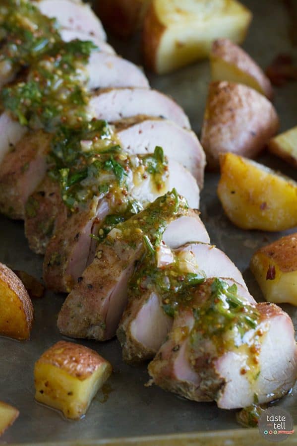 A great make ahead meal, this Roasted Pork Tenderloin and Potatoes with Mustard Sauce can be prepped the day before, and all you have to do is roast on the day of!