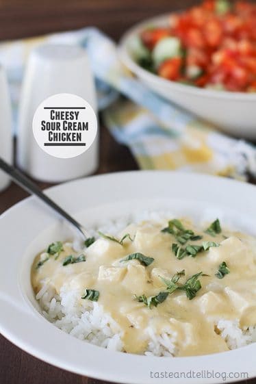 This Cheesy Sour Cream Chicken is an easy chicken dinner that is made in one pot, with a cheesy sour cream sauce.