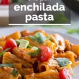 One Pan Enchilada Pasta with text overlay.