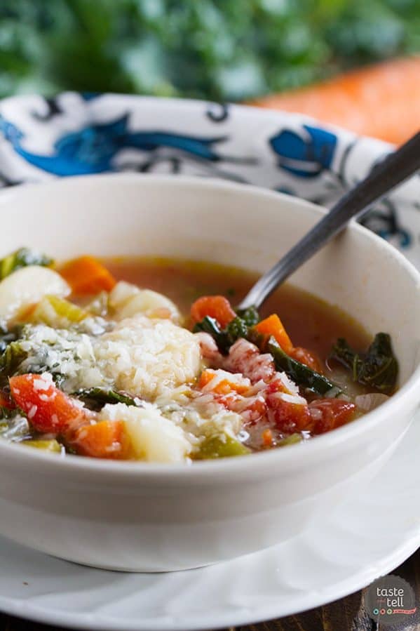 This vegetable minestrone recipe has an addition of gnocchi for a heartier, comforting soup recipe. This Minestrone Recipe with Gnocchi is perfect for any cool night!