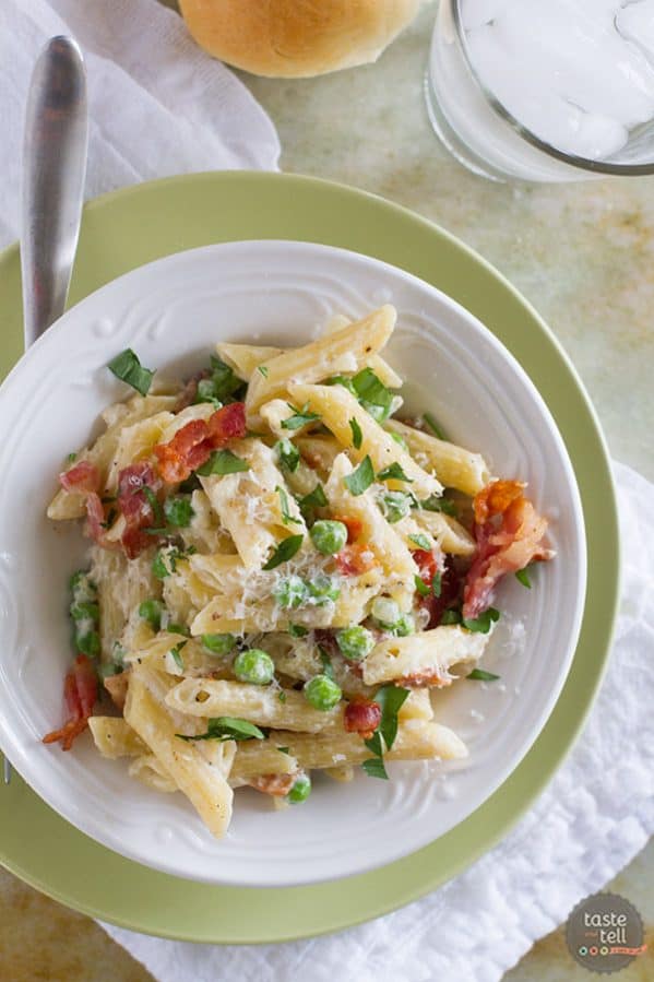 You can’t beat a one pan dinner that is one the table in no time! This One Pan Pasta with Peas and Bacon is easy and flavorful and a pasta dinner that is sure to go on repeat in our house!