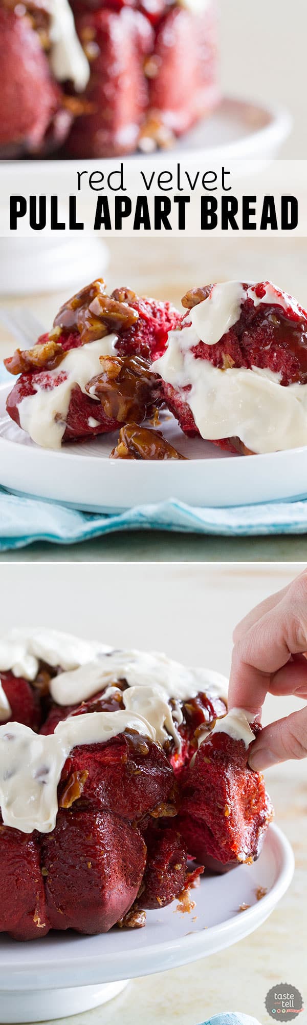 Soft and gooey and a vibrant red, this Red Velvet Pull Apart Bread is perfect for breakfast or for a delicious dessert. Layers of red velvet dough are covered in a gooey cinnamon pecan mixture. Don’t skip the cream cheese icing to top the whole thing off!