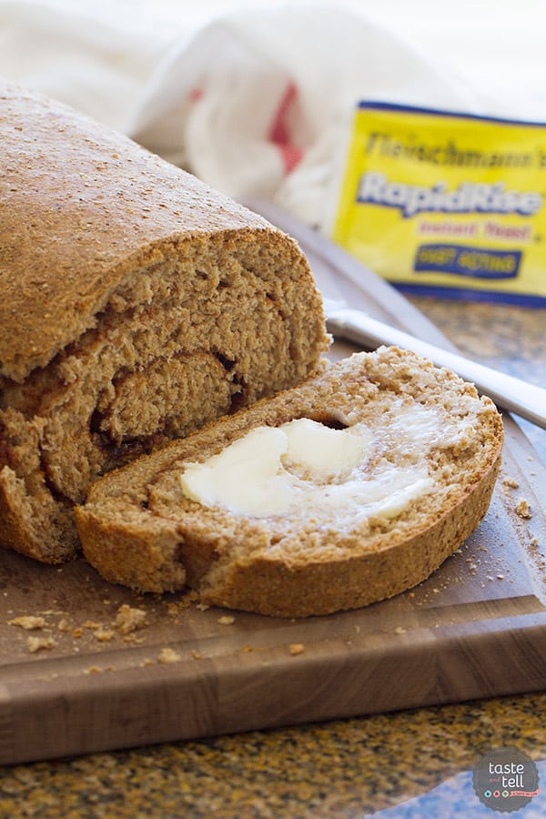 This Whole Wheat Cinnamon Swirl Bread is an easy 100% whole wheat bread, filled with a swirl of cinnamon and sugar.  My favorite is to eat a warm slice with a smear of butter!