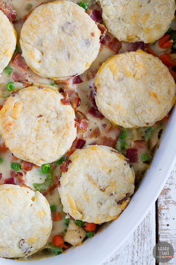 What can be better than a creamy chicken and bacon pot pie, topped with bacon cheddar biscuits? It is said that bacon makes everything better, and this Chicken and Bacon Pot Pie with Bacon Cheddar Biscuits is proof that it is true!
