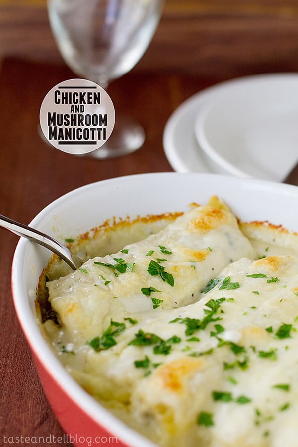 Chicken and mushroom stuffed pasta are covered in a creamy white sauce in this Chicken and Mushroom Manicotti.