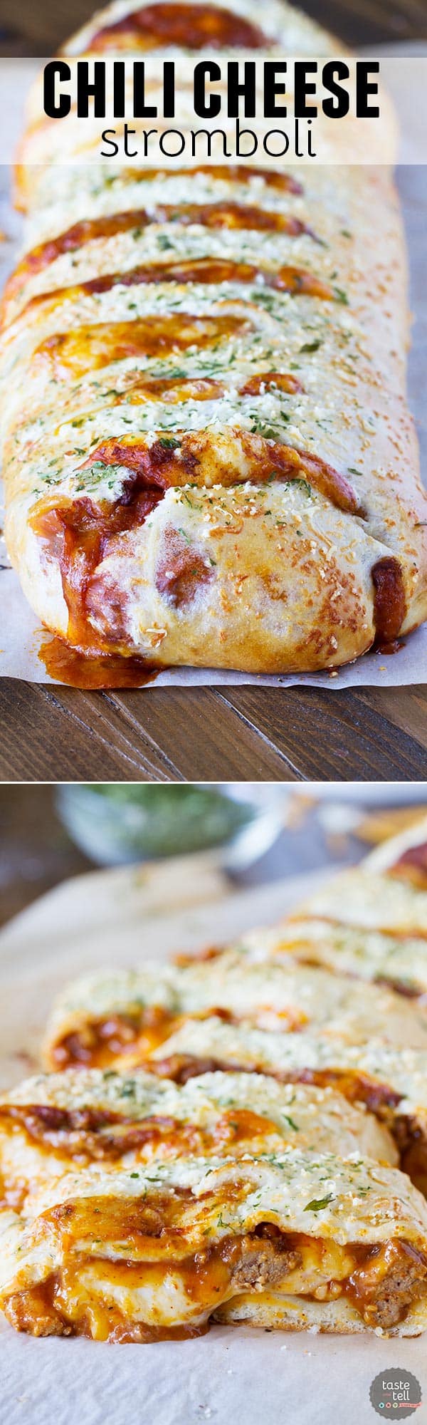 Change up your pizza routine with this Chili Cheese Stromboli! Pizza dough is packed with chili and lots of cheese, then rolled and baked for a fun dinner idea.