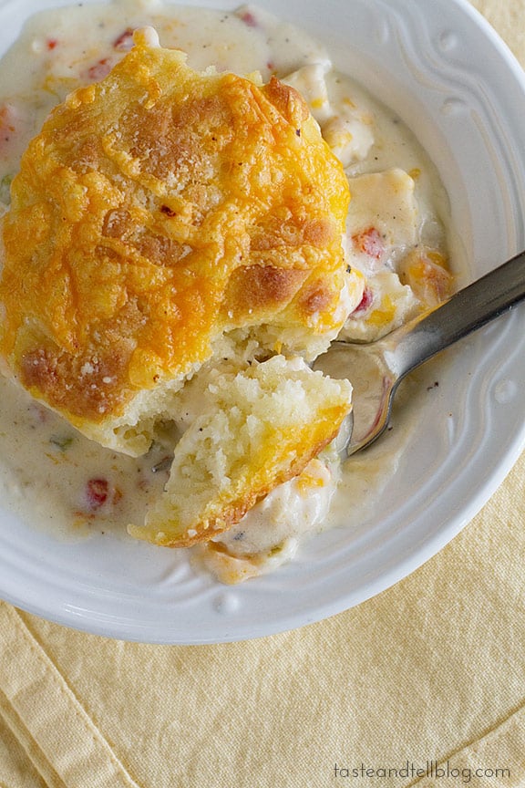 Comforting and creamy, this Creamy Chicken and Biscuits recipe has a chicken gravy that is covered by tender biscuits and cooked until warm and bubbly.