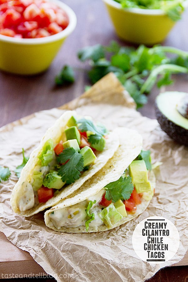 Creamy Cilantro Chile Chicken Tacos - green chiles and cilantro are combined in a delicious sauce to make a taco the whole family will love.