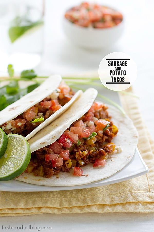 These sausage and potato tacos are a great way to put a spin on taco night. Hearty and filling and easy, they can't be beat!