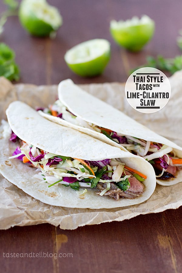 Tacos take an Asian turn with these Thai Style Tacos – filled with marinated steak and a easy Lime-Cilantro Slaw.