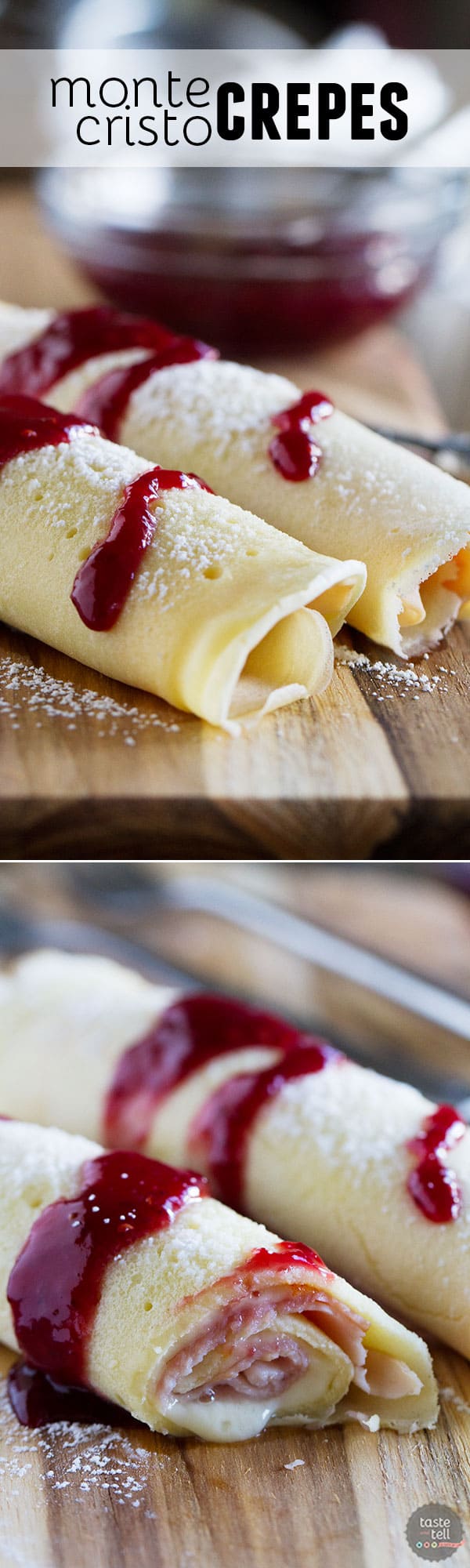 These Monte Cristo Crepes are sweet and savory and perfect for breakfast, brunch or dinner! Tender crepes are filled with cheese, ham and turkey and topped with raspberry jam and powdered sugar.