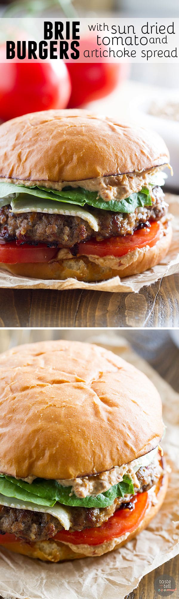 Burgers go gourmet with this Brie Burger with Sun-Dried Tomato and Artichoke Spread.  A flavorful burger patty is topped with melty brie cheese, and the sun-dried tomato and artichoke spread gives this burger a wow factor!