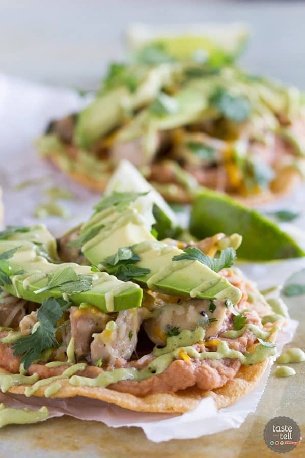 An easy Mexican dinner at home, these Chicken Tostadas with Poblano Cream Sauce have tons of flavor and are perfect for a weeknight. My family loved these!