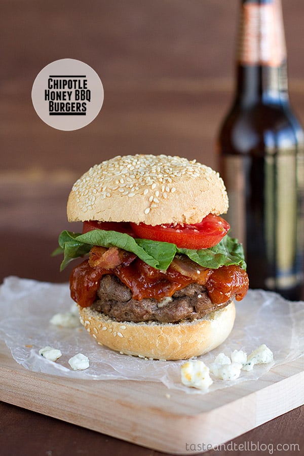 These Chipotle Honey BBQ Burgers  are blue cheese stuffed hamburgers that are topped with a homemade chipotle bbq sauce, bacon, tomatoes and lettuce.