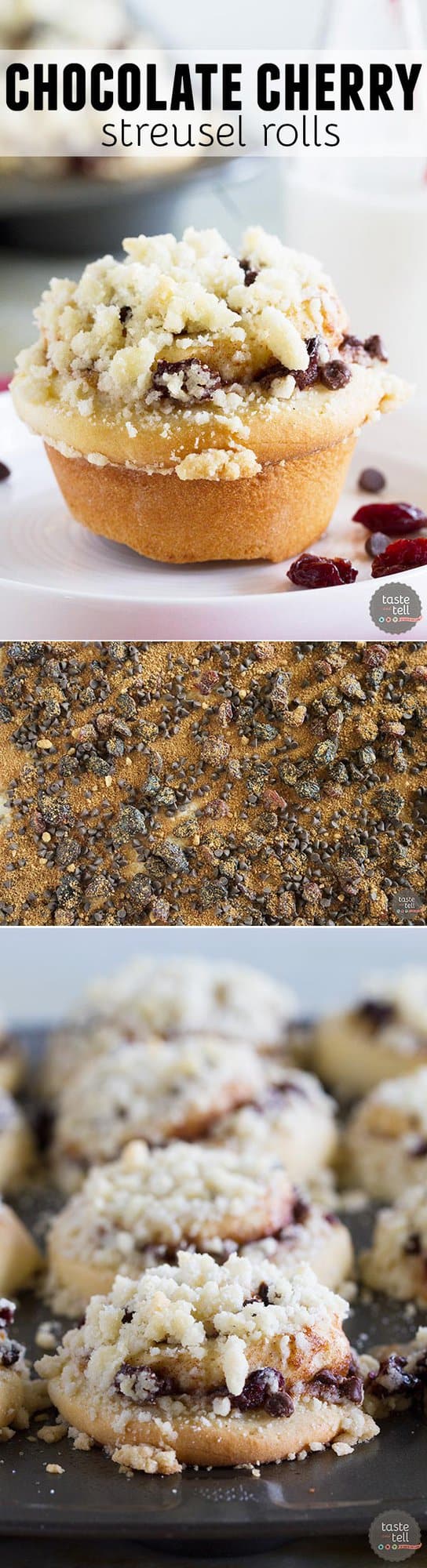 Sweet bread rolls are filled with cherries, chocolate and plenty of cinnamon sugar and then are topped with a crunchy streusel. You can’t go wrong with these Chocolate Cherry Streusel Rolls!