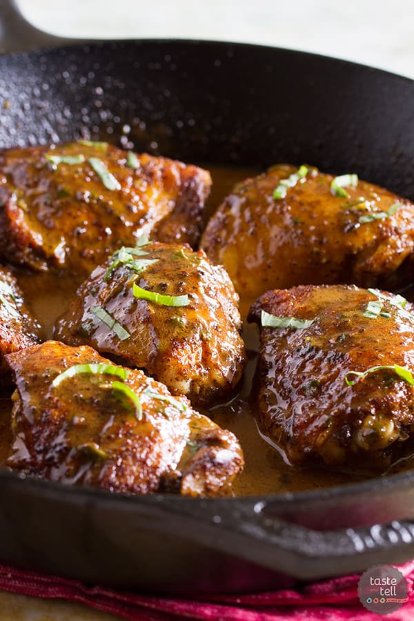 Only 6 minutes prep time and easy clean up, this Thirteen Spice Skillet Chicken Thighs with Creme Fraiche is a super easy, yet sophisticated weeknight meal.