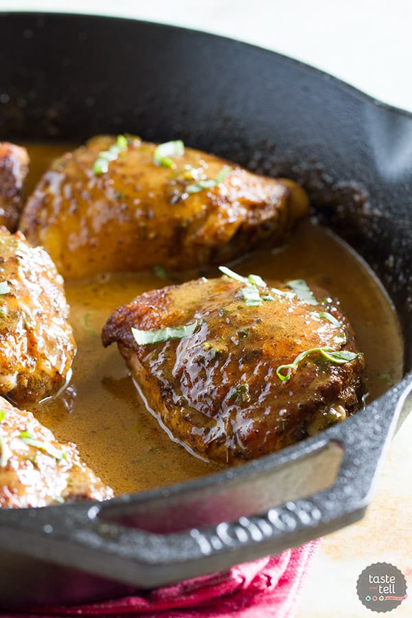 Only 6 minutes prep time and easy clean up, this Thirteen Spice Skillet Chicken Thighs with Creme Fraiche is a super easy, yet sophisticated weeknight meal.