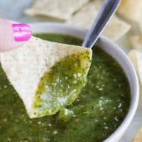 Tomatillo Salsa Verde on a tortilla chip