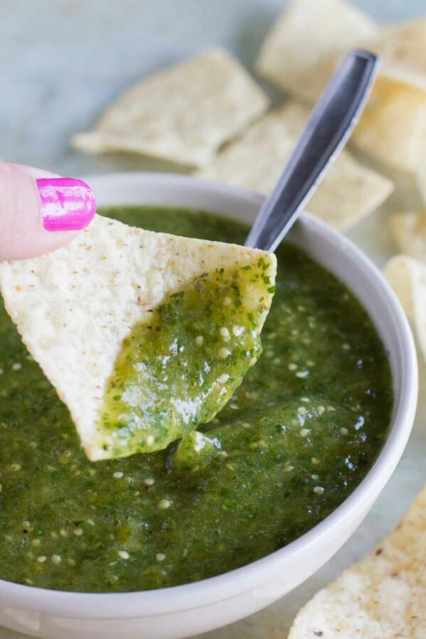 Tomatillo Salsa Verde on a tortilla chip